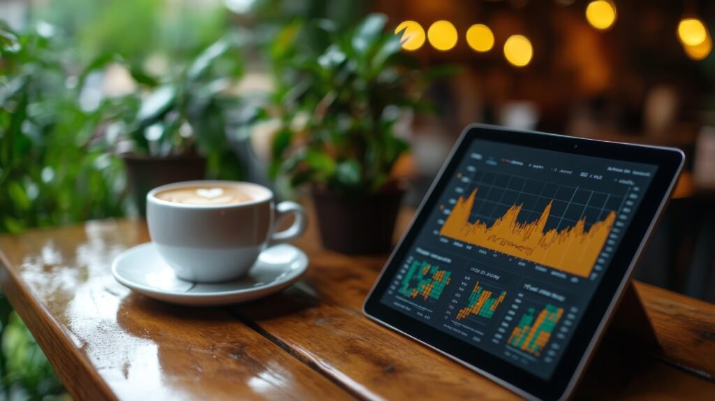 A warm cup of coffee rests on a wooden table beside a tablet showing vibrant financial charts and data. Lush greenery surrounds the cozy cafe atmosphere.
