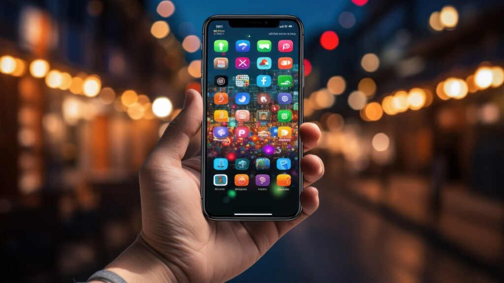 Mobile marketing: Hand holding a smartphone with app. ( looking content studio near me )
